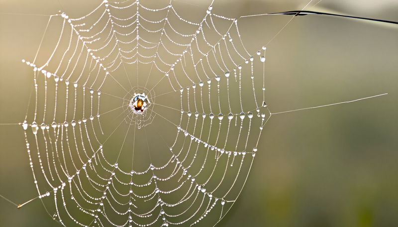 Dew-covered spider web glowing in soft dawn backlight, a symbol of the links behind every networking equipment import