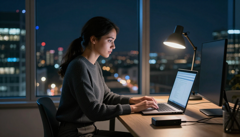 Network engineer working late by a large window with city lights behind her, laptop screen turned away