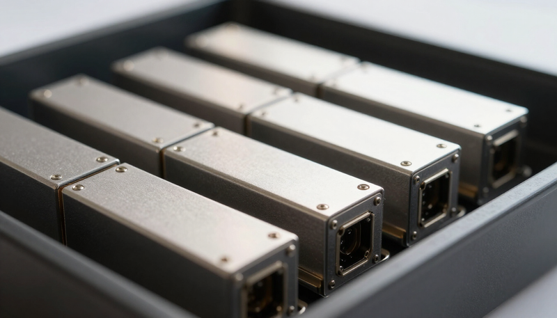 Optical transceiver modules lined up in an anti-static tray, part of a typical shipment to import networking equipment