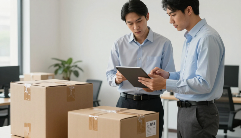 Two logistics coordinators checking serial number labels on sealed switch cartons against a tablet in a bright office