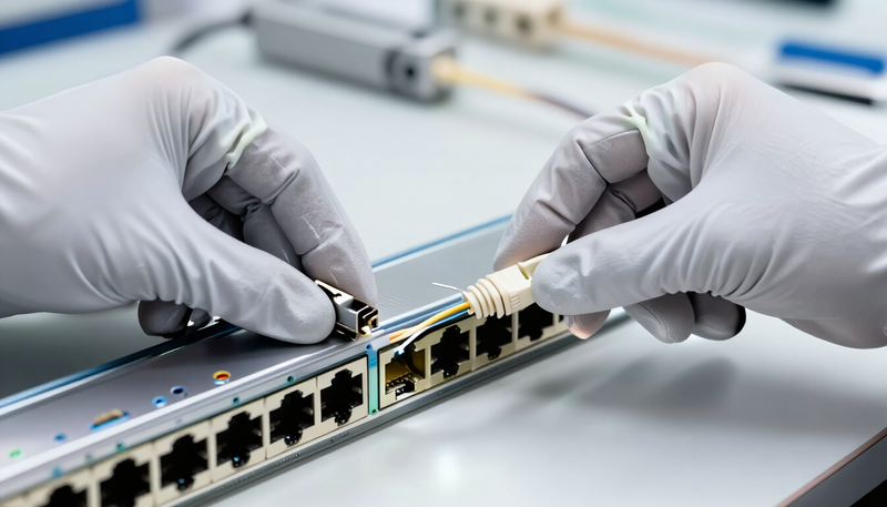 Gloved hands inserting a fiber optic connector into a network switch port on a test bench in cool white light