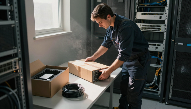 Technician unboxing a new network switch in a small telecom room lit by morning sun from a high window