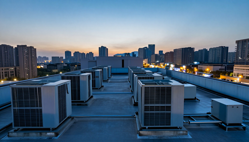 Rooftop of a data center with rows of cooling units at dusk and a dense city skyline in the background