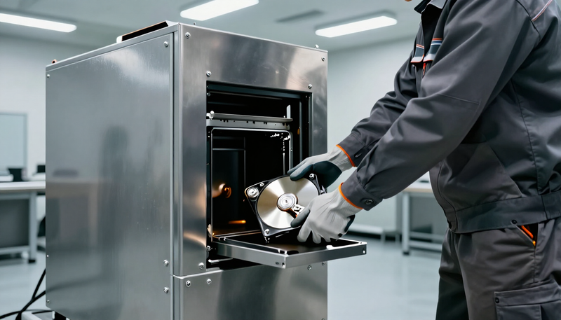 Technician sliding a hard drive into a data destruction machine in an industrial room under cool fluorescent light