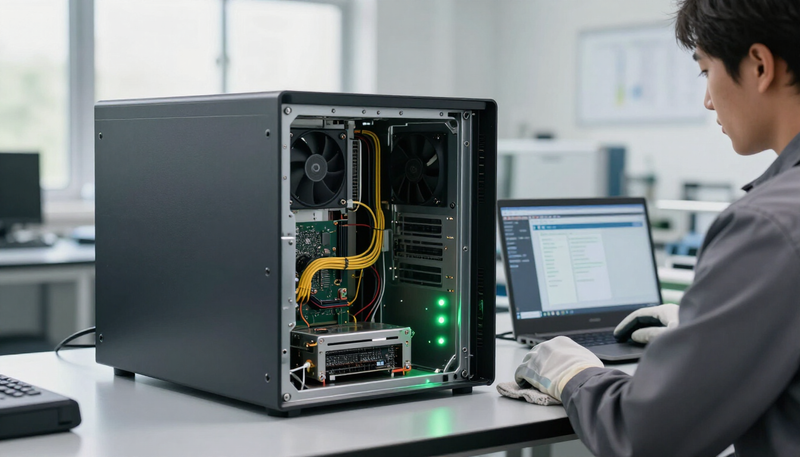 Technician testing a server with its lid off in a bright lab, a key step before you import refurbished servers
