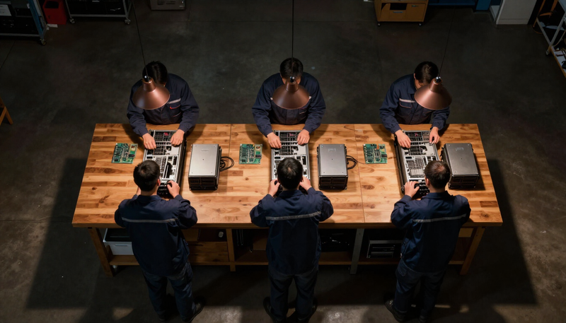 Overhead night view of technicians reworking opened servers on a long wooden bench under warm copper lamps