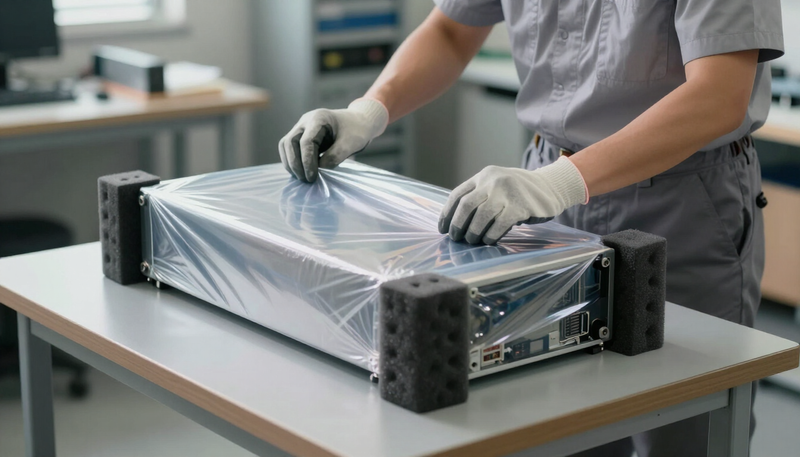 Technician wrapping a refurbished server in anti-static film with foam corner protectors on a packing table
