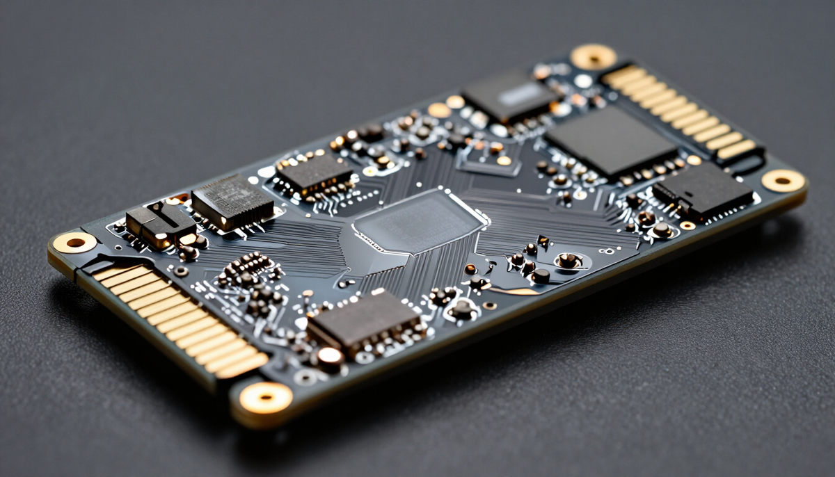 Macro of a self-encrypting solid-state drive circuit board with gold contacts under cool white studio light