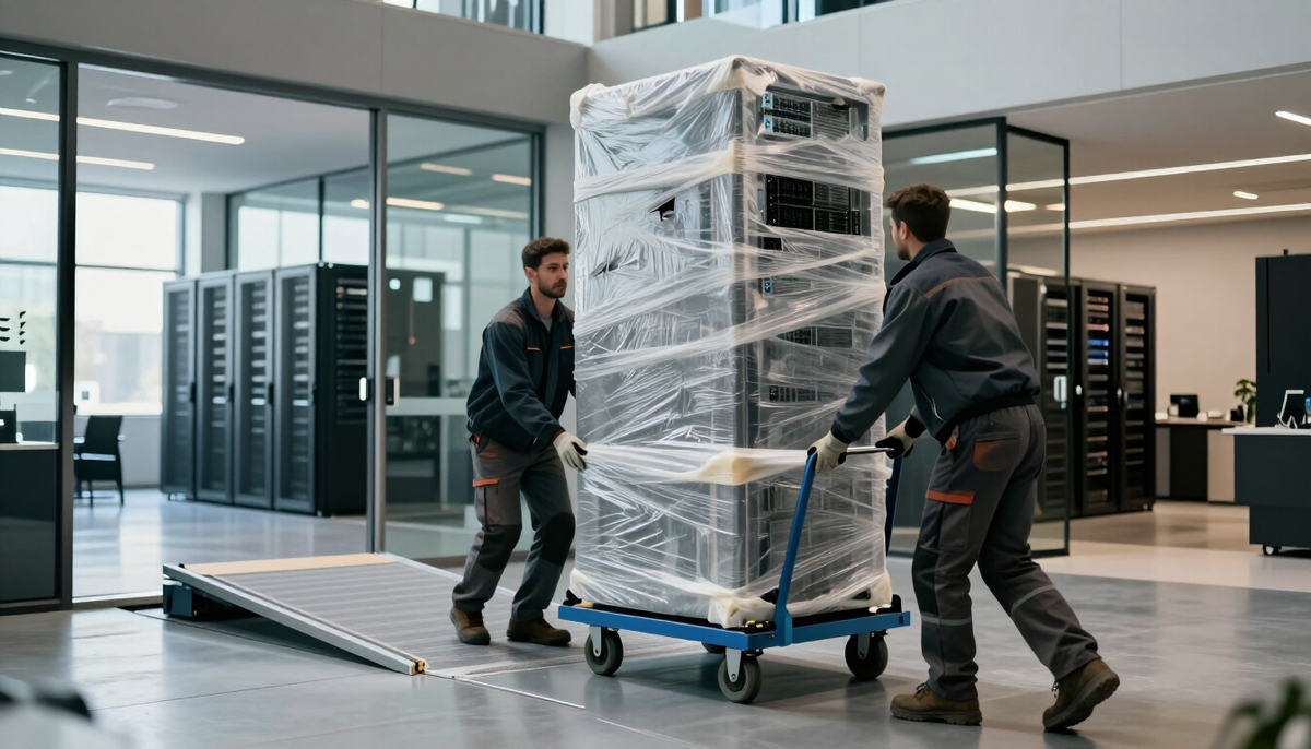 Movers wheeling a foam-wrapped storage rack up a ramp into a data center lobby, the last step to import storage systems