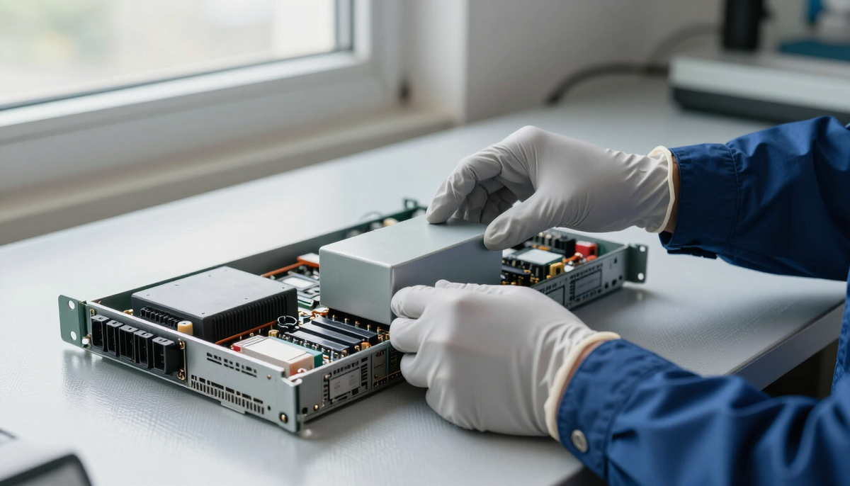 Technician removing a power supply module from a storage controller on an anti-static bench beside a bright window