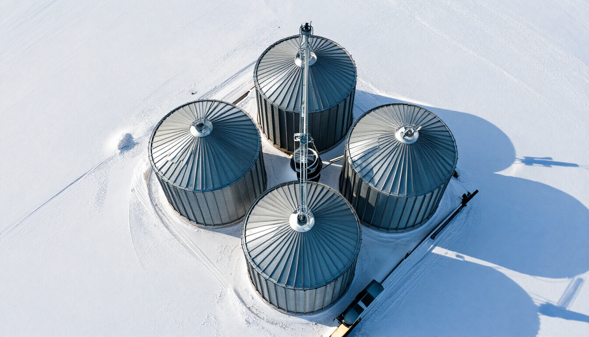 Top-down view of round steel grain silos on a snowy plain at low winter sun, casting long blue shadows