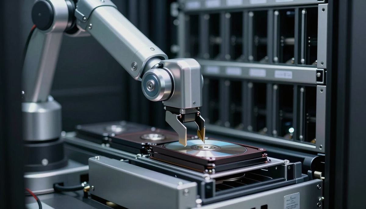 Robotic arm inside an enterprise tape library picking a cartridge from a slot, lit by soft white LEDs