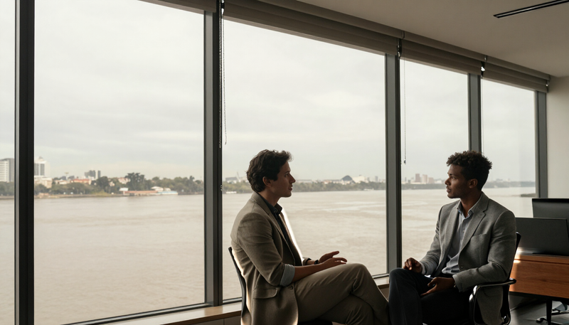 Two colleagues talking by a tall window overlooking the wide brown Río de la Plata on an overcast morning in Buenos Aires