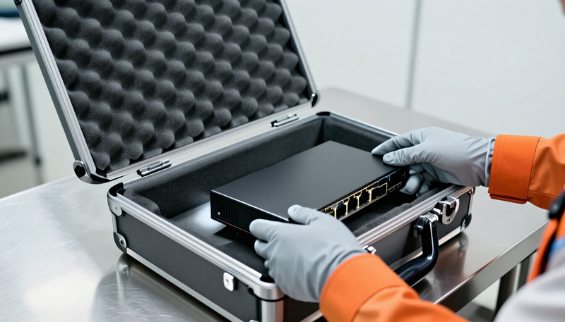Customs officer's gloved hands lifting a network switch from a foam-lined case, a technology import into Argentina