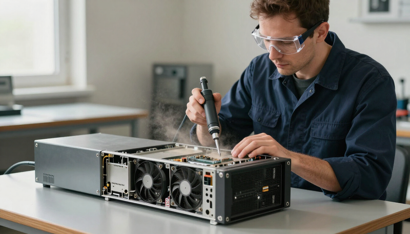 Technician cleaning a used rack server with compressed air at a refurbishment workbench lit by soft side light from a window