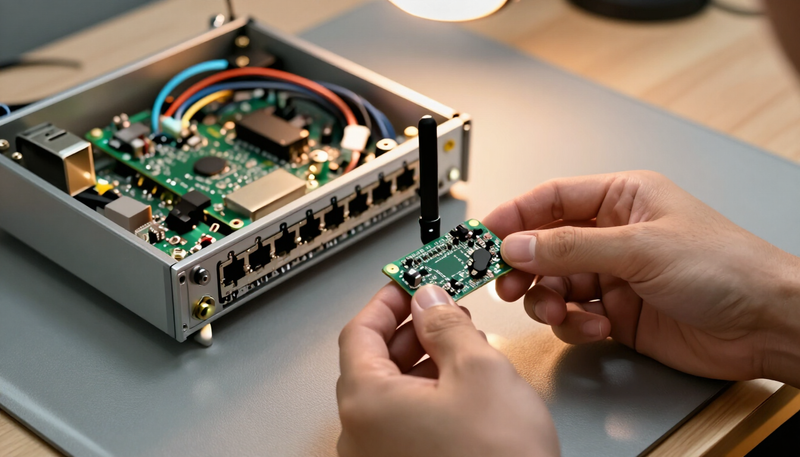 Hands holding a small wireless module beside an open network appliance on a grey anti-static mat under a warm lamp