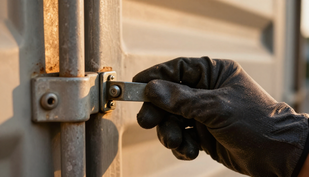 Gloved hand opening the steel seal of a shipping container at golden hour, the moment an Importer of Record takes over