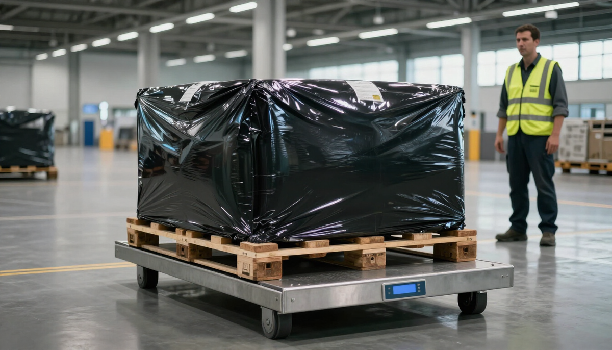 Air cargo pallet wrapped in black film being weighed on a floor scale in a large cargo terminal under cool industrial light