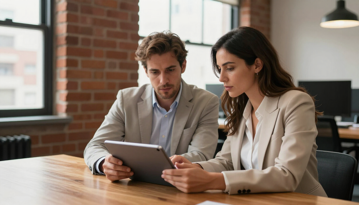 Two professionals reviewing an import contract on a tablet in a bright Buenos Aires office with exposed brick walls