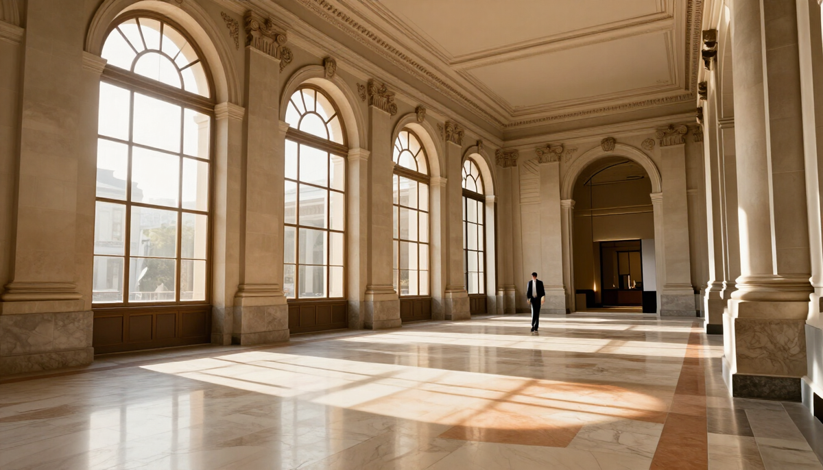 Sunlit hall of a historic customs building with tall arched windows, where an Importer of Record in Argentina clears goods