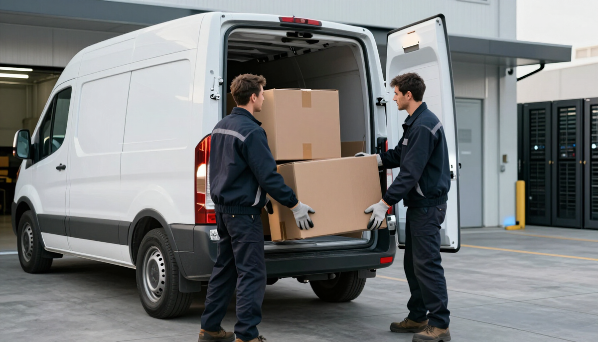 Two workers unloading boxed servers from a delivery van at a data center loading dock in soft early morning light
