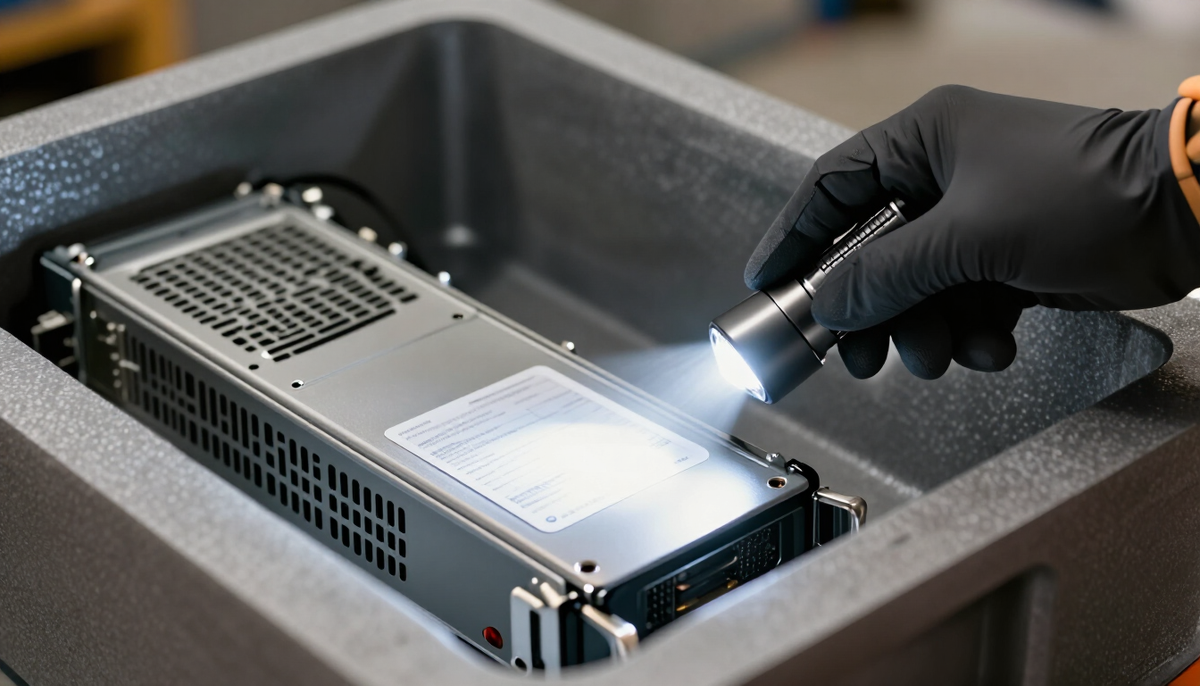 Technician's flashlight on the serial number label of a rack server inside an open shipping crate