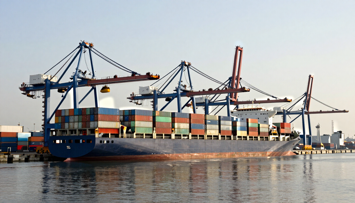 Container ship docked at a US port with cranes unloading cargo