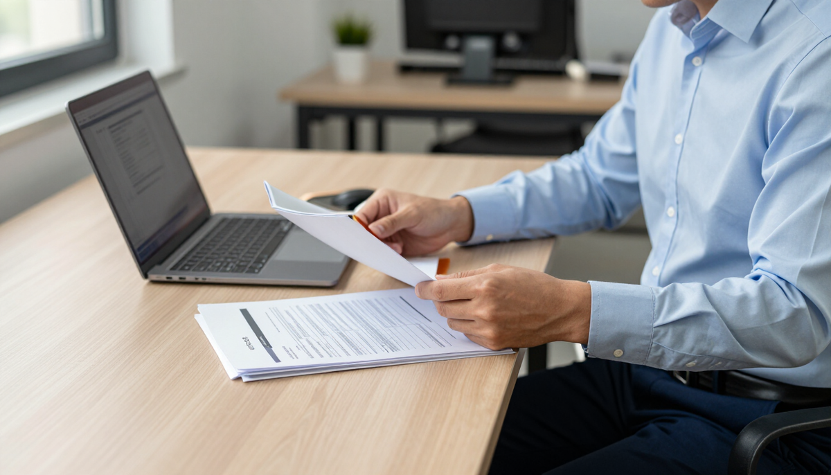 Customs broker reviewing entry documents for a technology shipment at a desk