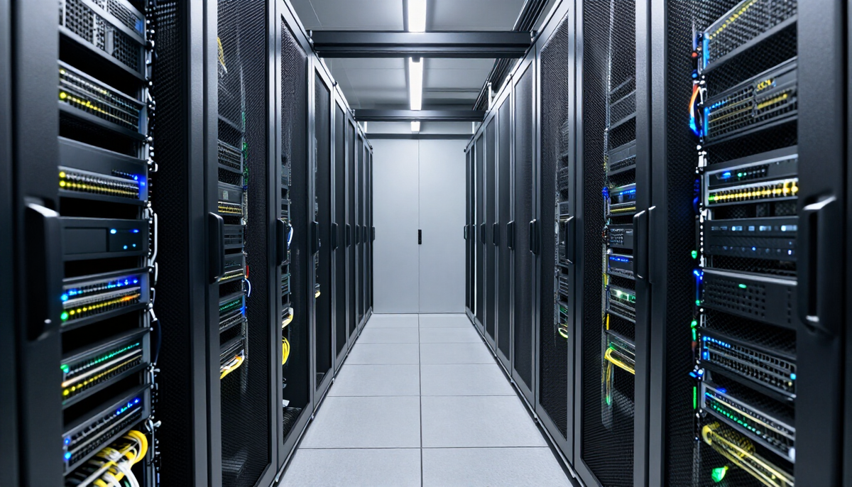 Server racks with networking equipment in a US data center aisle