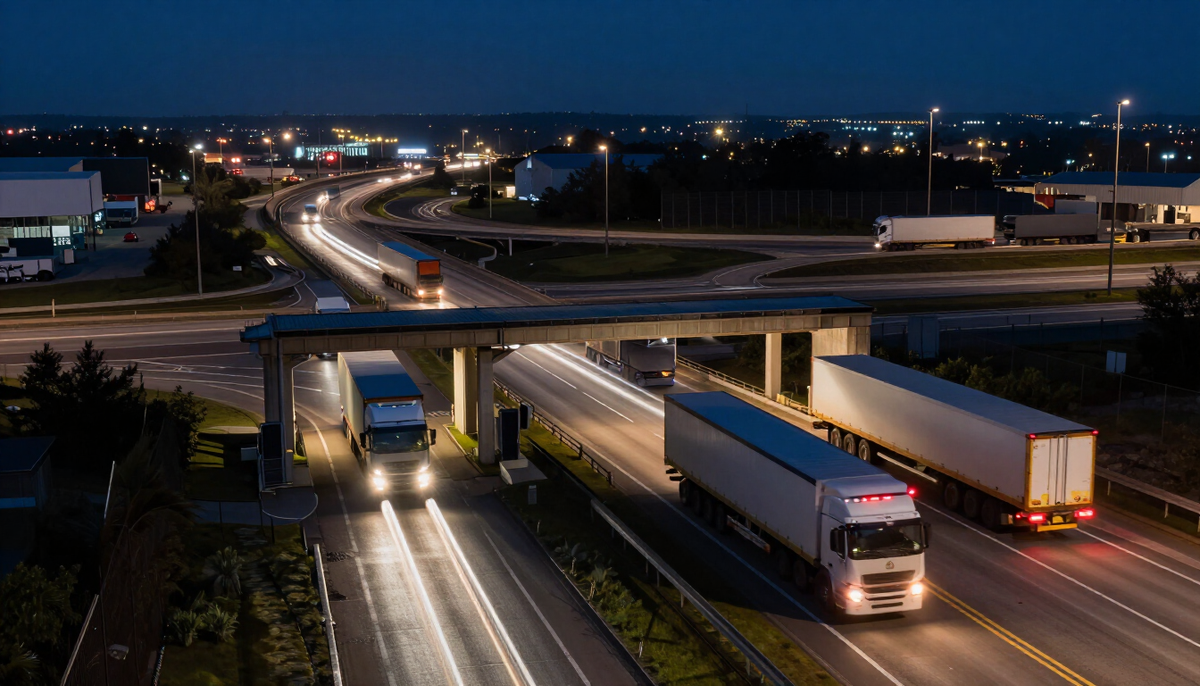 Long exposure of truck light trails leaving a US port terminal at night, cargo cleared by an Importer of Record USA