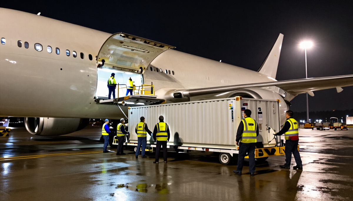 Night crew loading air cargo containers into the main deck of a freighter aircraft under floodlights