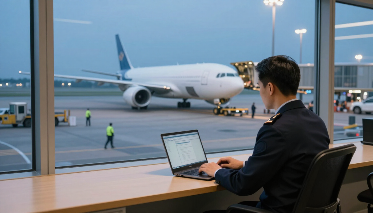 Customs specialist at a laptop beside a window overlooking an air cargo apron at dusk, checking an import entry