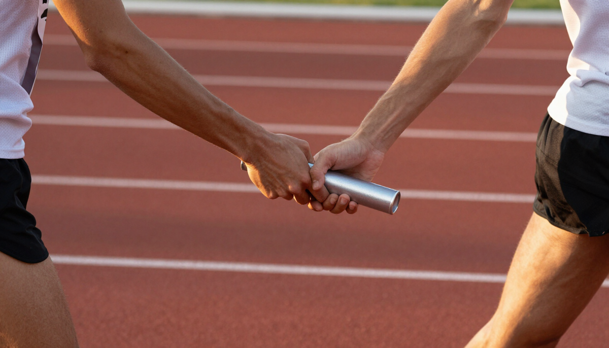 Two relay runners passing a metal baton on a red track at late afternoon, a picture of the IOR vs EOR handoff