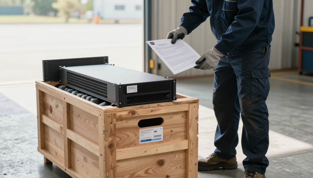 Technician on a loading dock comparing serial numbers on an opened server crate with a packing document