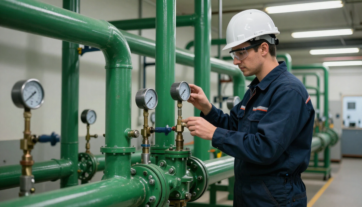 Engineer reading a flow meter on a green closed-loop cooling manifold in a data center plant room