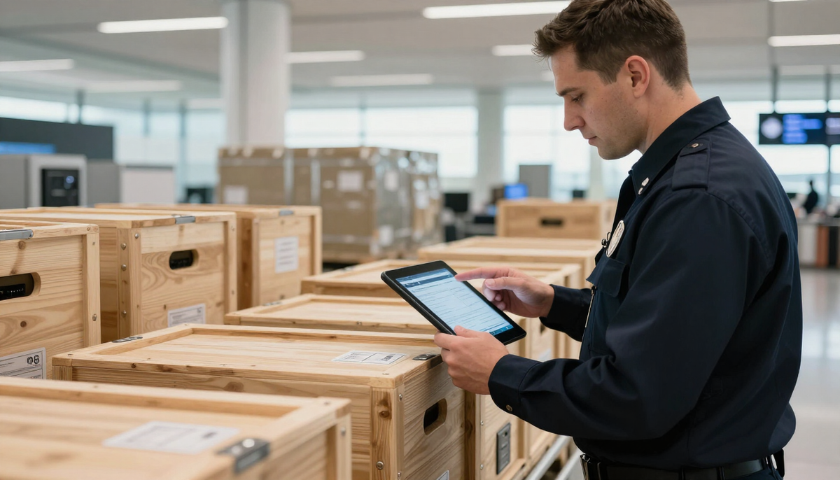 Customs officer at an airport cargo terminal checking serial labels on crated servers with a tablet