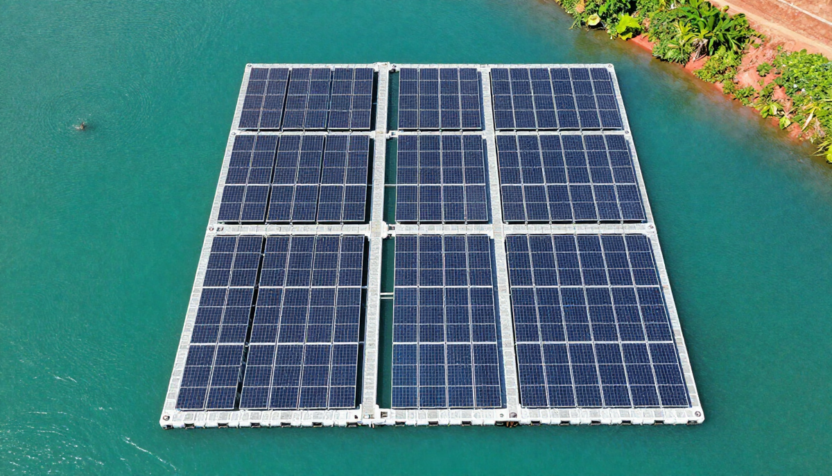 Aerial view of a floating solar farm on a turquoise reservoir at midday, the clean power Redata Brazil requires
