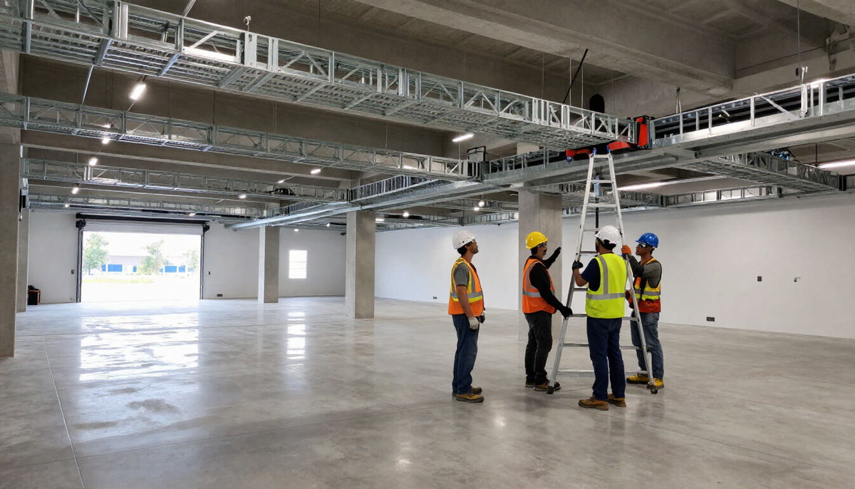 Crew installing cable trays and busway in an empty new data hall lit by an open loading bay