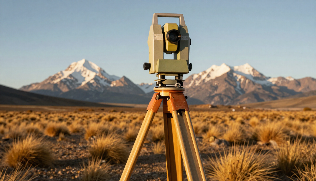 Surveyor's theodolite on a tripod in the Patagonian steppe at sunrise, the first step of a RIGI data center project