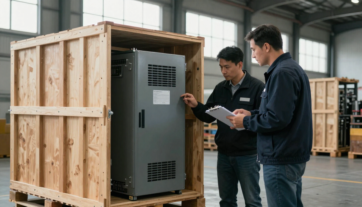 Customs broker and engineer checking serial numbers on a crated UPS unit, a key step in RIGI data center imports