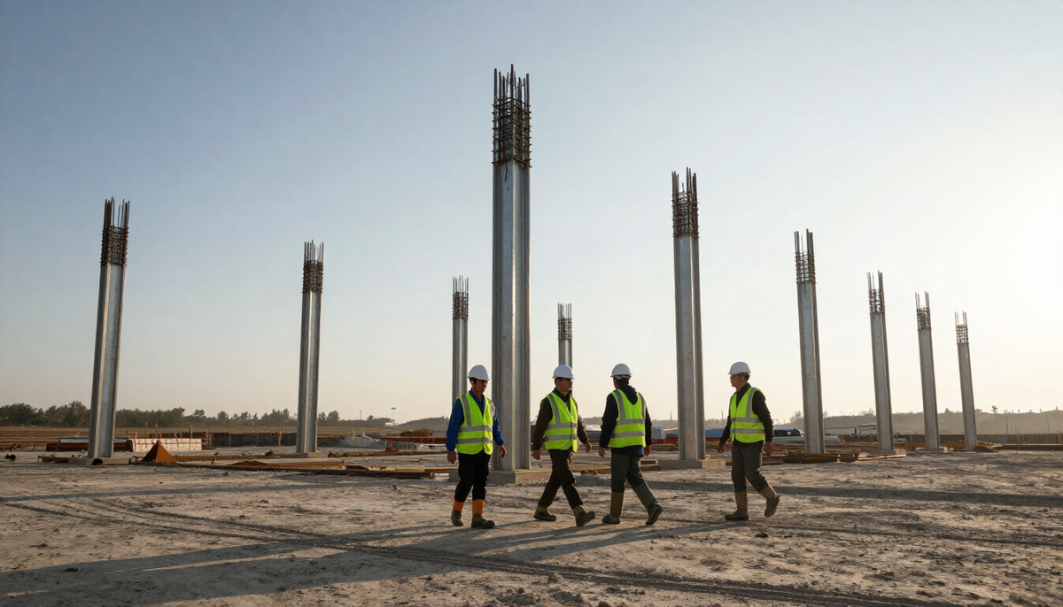 Engineers in hard hats walking a cleared site with steel columns rising on the Patagonian plateau under a wide morning sky