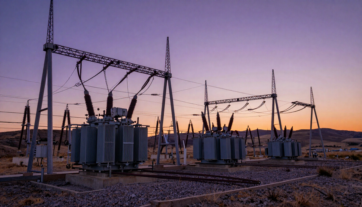 High-voltage substation with transformers and steel gantries on a dry plateau at dusk, power lines fading toward low hills