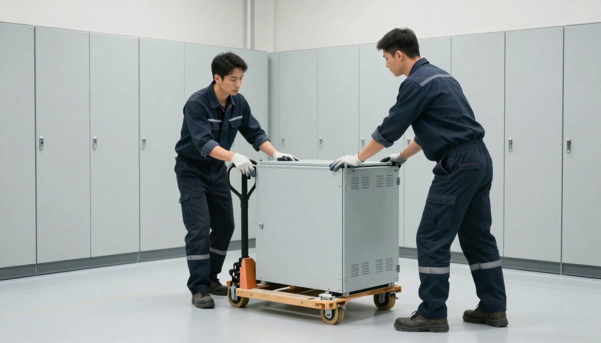 Technicians guiding a modular UPS battery cabinet off a pallet jack into a bright electrical room with grey switchgear panels