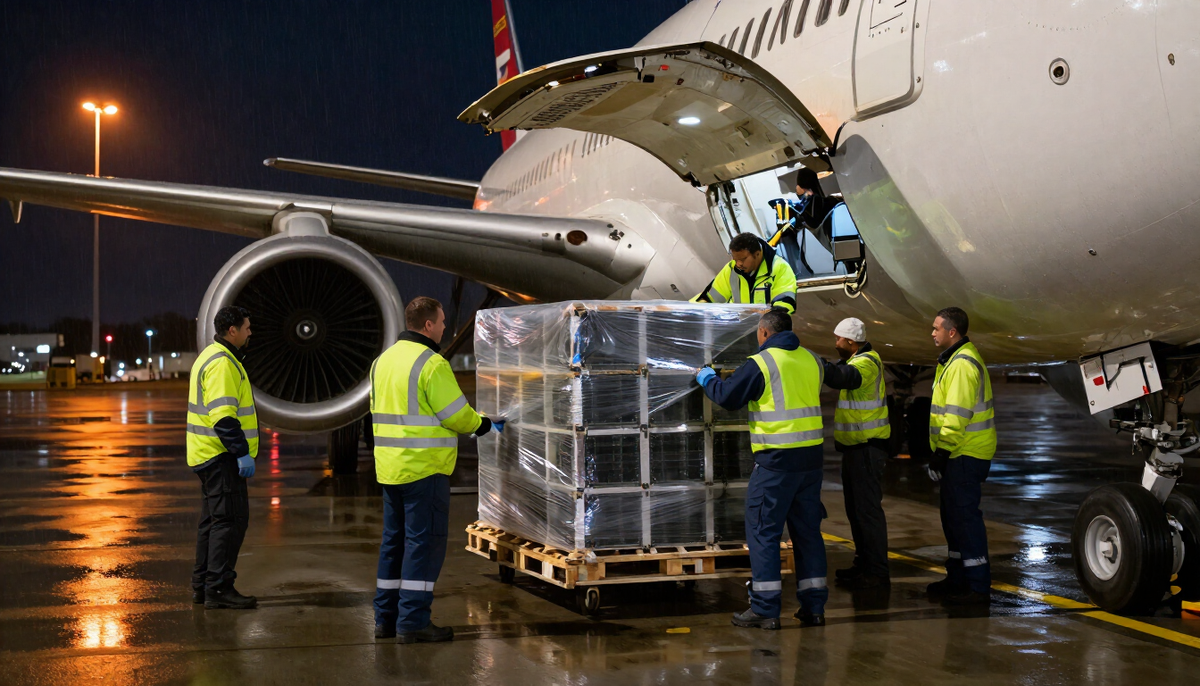 Ground crew loading a shrink-wrapped server pallet into the nose of a cargo jet on a wet apron at night under sodium lights