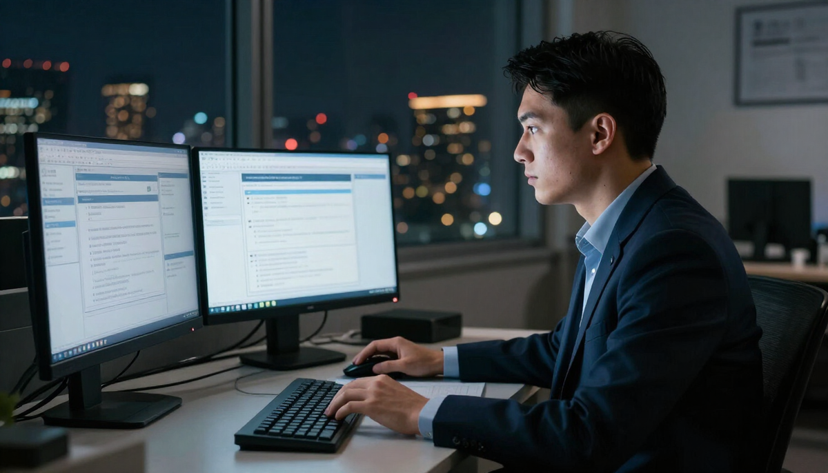 Customs broker at two monitors filing an import entry in a dark office at night, city lights in the window behind