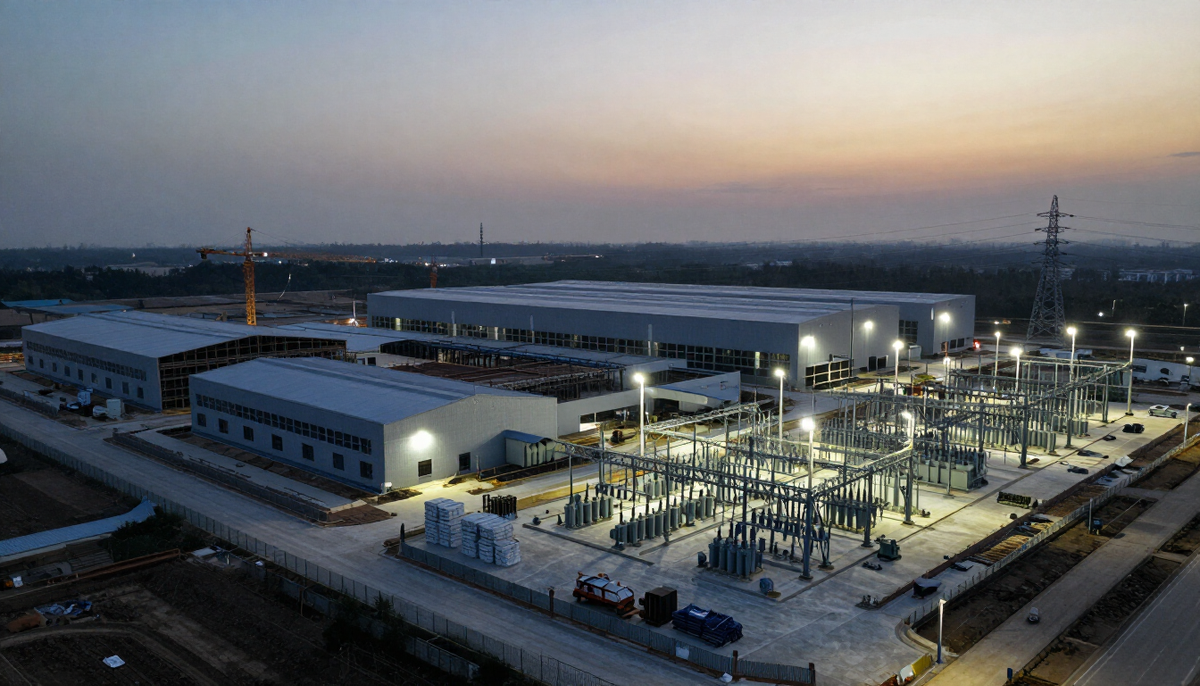 Aerial view at dusk of a data center campus under construction beside a high-voltage substation with glowing transformers