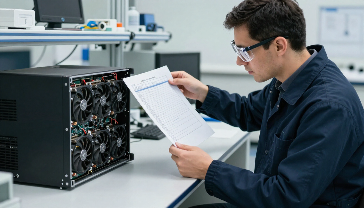 Engineer comparing a GPU accelerator spec sheet with an open eight-GPU server tray on a lab test bench under cool white light