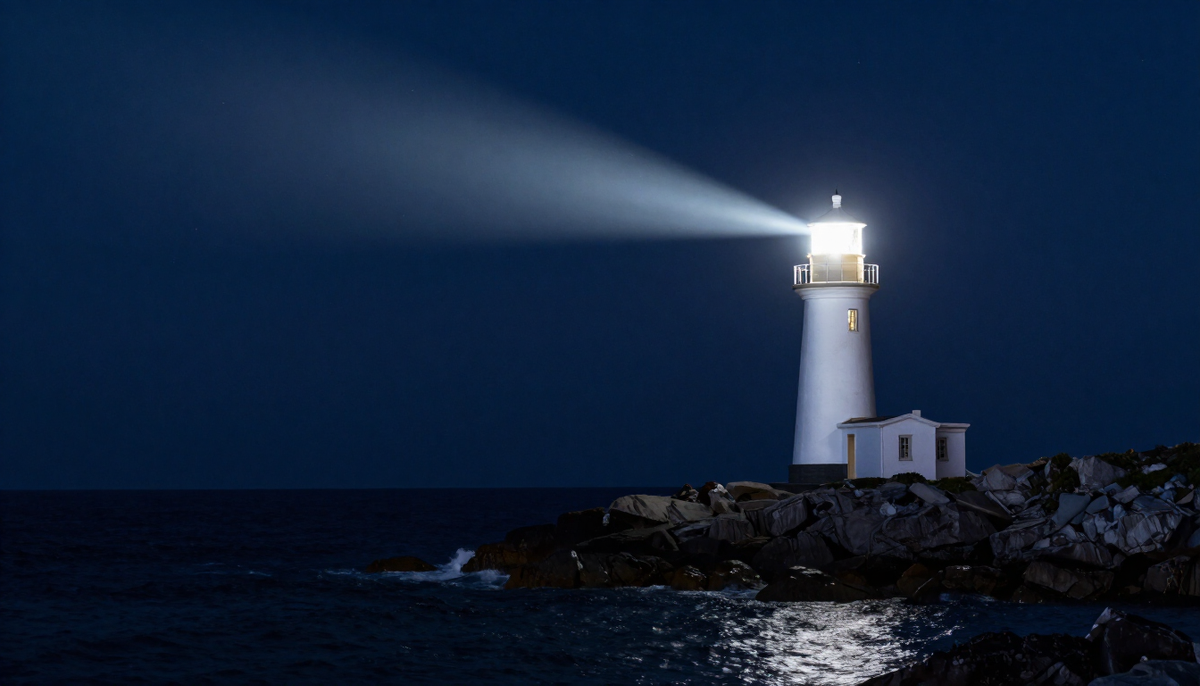 Lighthouse beam cutting a narrow band through night mist over a dark sea, a symbol of the Section 232 semiconductor tariff