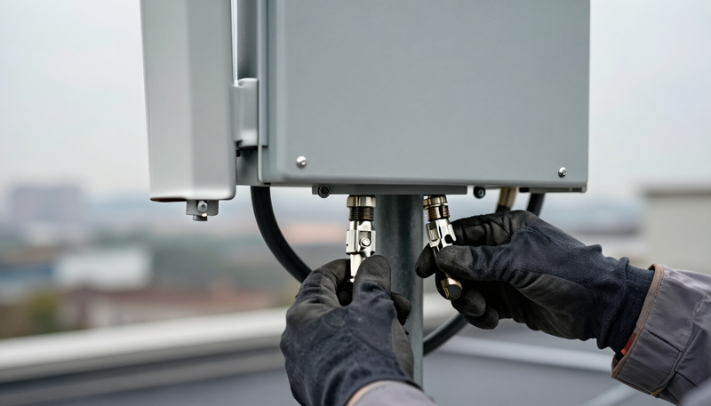 Gloved hands tightening the cable connectors of an outdoor 5G radio unit on a rooftop on an overcast morning