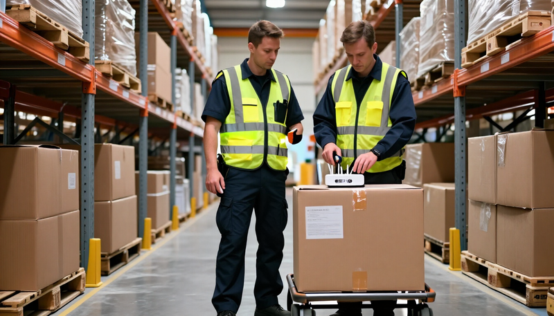 Two workers in high-visibility vests checking a wireless access point on a sealed carton in a bonded warehouse